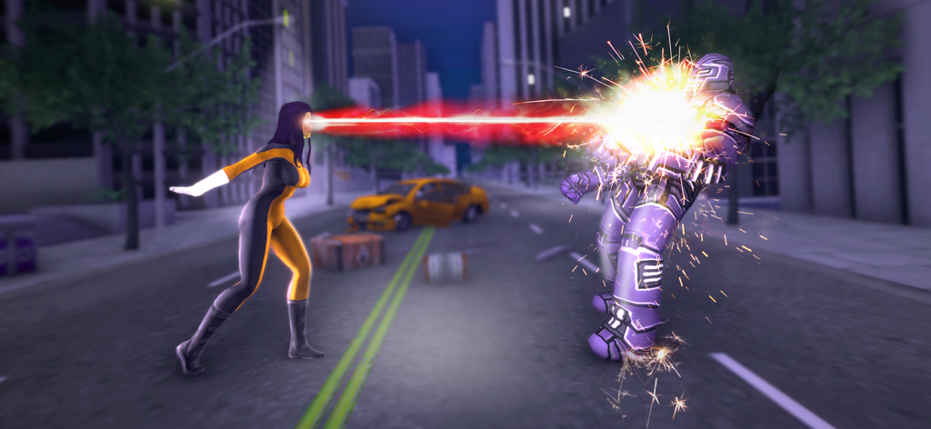 Spider Super Rope Hero Fighter - Una superheroína disparando un rayo láser rojo desde sus ojos a un villano con armadura morada en una calle de la ciudad