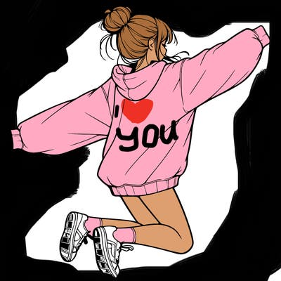 realistic girl jumping with a bun and oversized sweatshirt