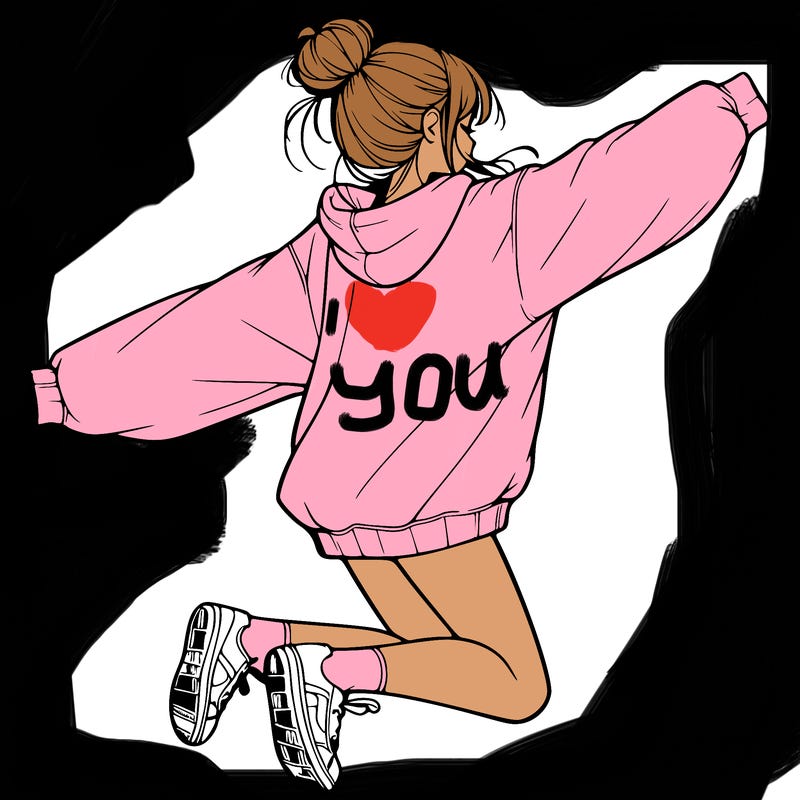 realistic girl jumping with a bun and oversized sweatshirt