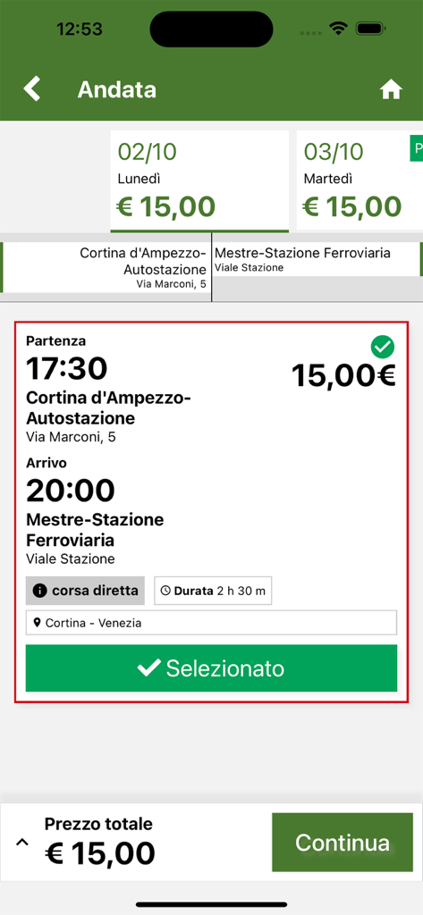 Cortina Express App zeigt Busreise-Details von Cortina d'Ampezzo nach Mestre mit Preis und Fahrplan