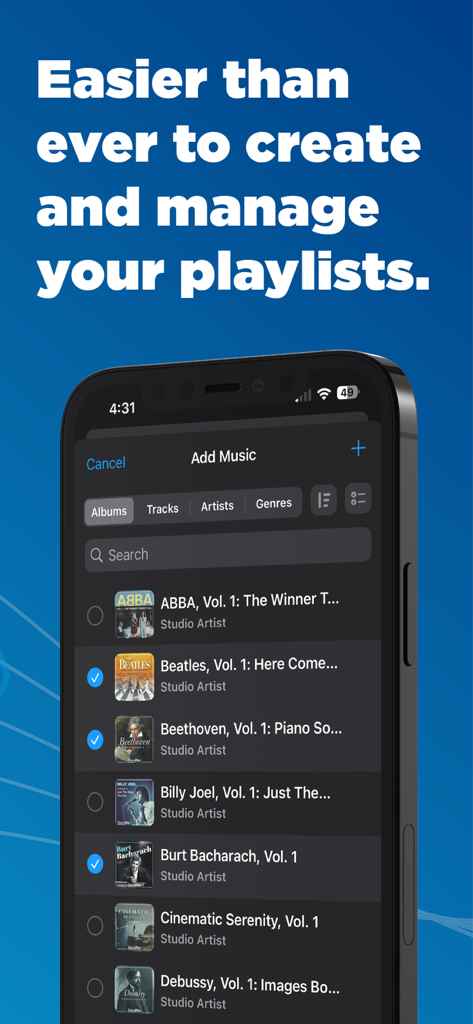 Interface of the PianoDisc iQ Player app showing the music selection screen for creating and managing playlists