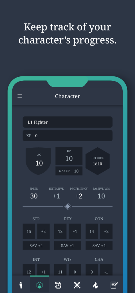 Mobile character sheet interface in the Reroll app showing D&D stats for a level one fighter