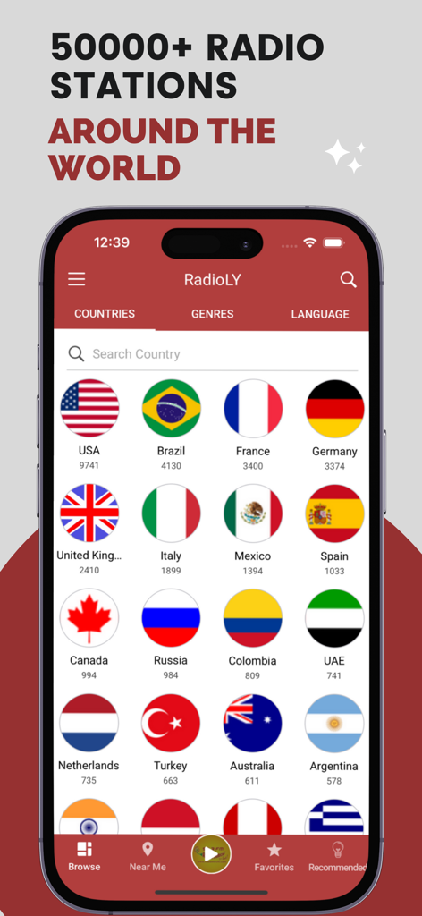Interface de l'application Radioly FM affichant une liste de pays pour les stations de radio mondiales