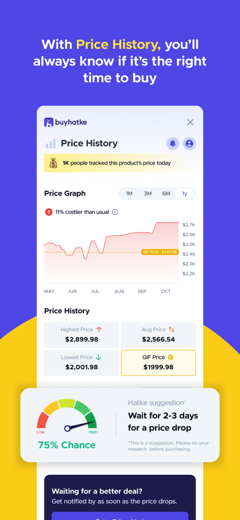 Buyhatke Price Tracker, Coupon - Buyhatke app interface showing a product price history graph and a recommendation to wait for a price drop