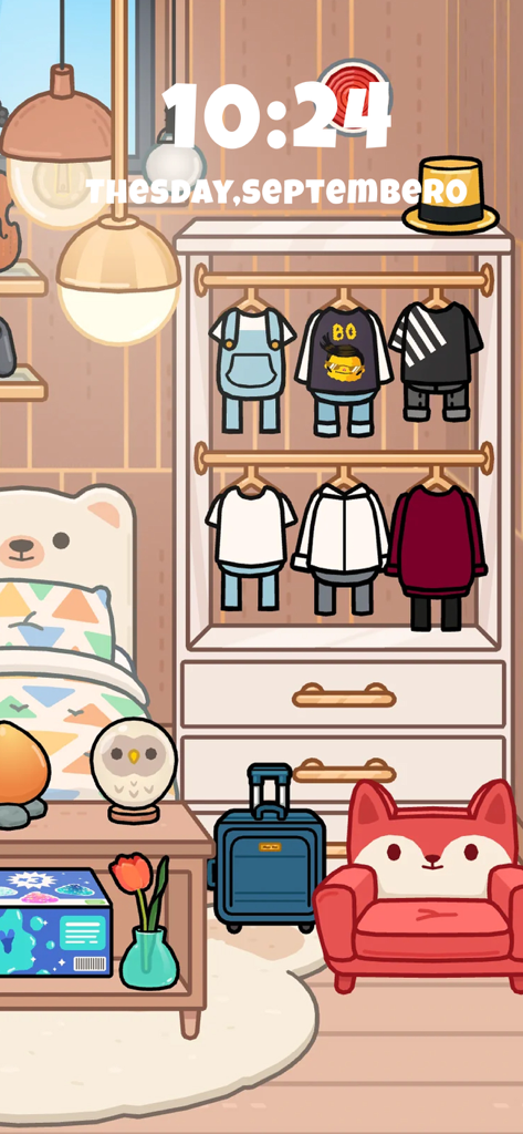 Aesthetic Toca Boca style bedroom featuring a white wardrobe with outfits, a red fox armchair, and a bear-shaped bed