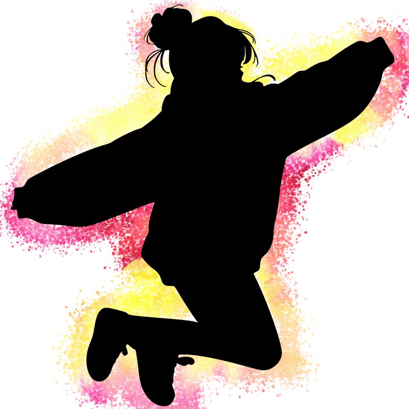 realistic girl jumping with a bun and oversized sweatshirt