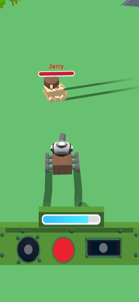 A top-down view of a tank battle in Ultimate Tank Merge Royal where a custom tank faces an opponent named Jerry on a green field.