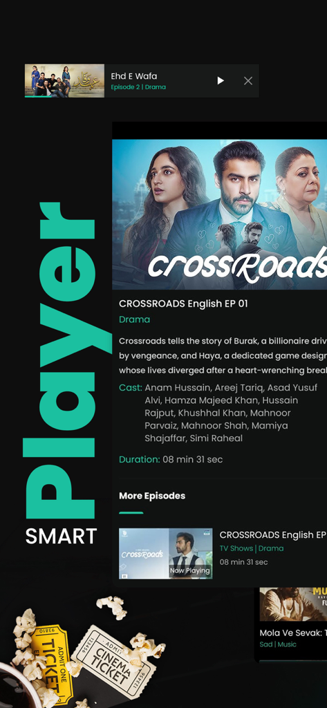 Smart player interface in the Vidly app displaying details and cast for a Pakistani drama titled Crossroads