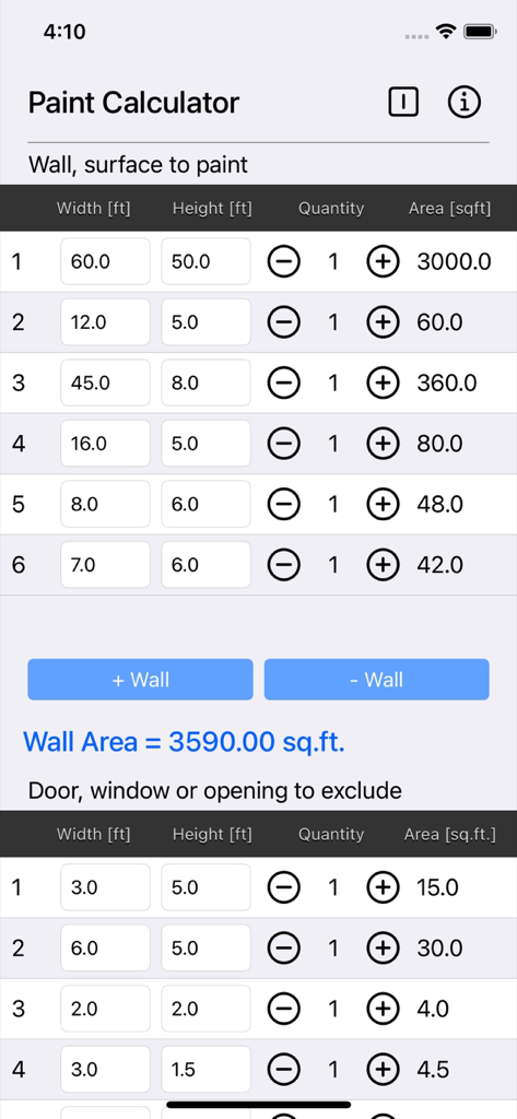 A mobile app interface calculating total wall surface area while excluding doors and windows