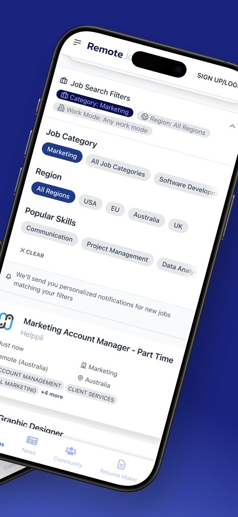 Remote Jobs Hub - Remote Jobs Hub mobile app interface showing search filters for marketing jobs and regional options