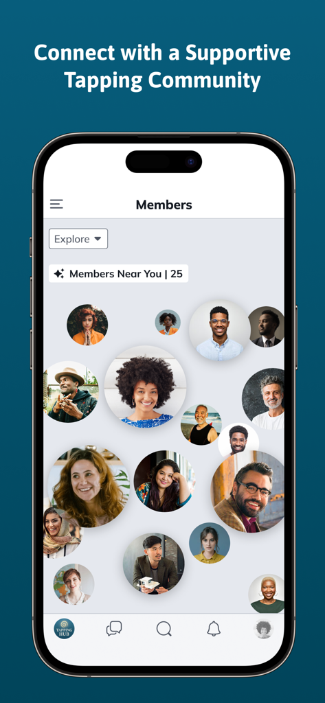 The Tapping Hub - A smartphone showing The Tapping Hub app interface with a diverse group of community member profile pictures.