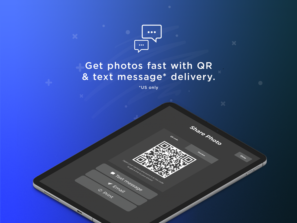 Simple Booth Classic iPad app interface showing photo sharing options via QR code, text message, and email