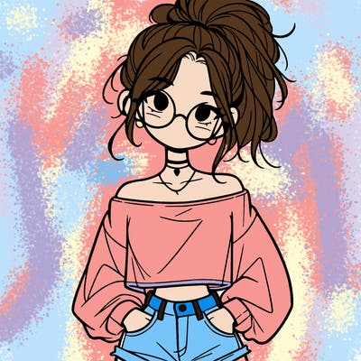 girl with a messy ponytail glasses a baggy crop top and jean shorts