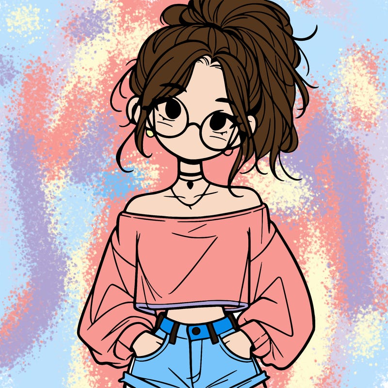 girl with a messy ponytail glasses a baggy crop top and jean shorts