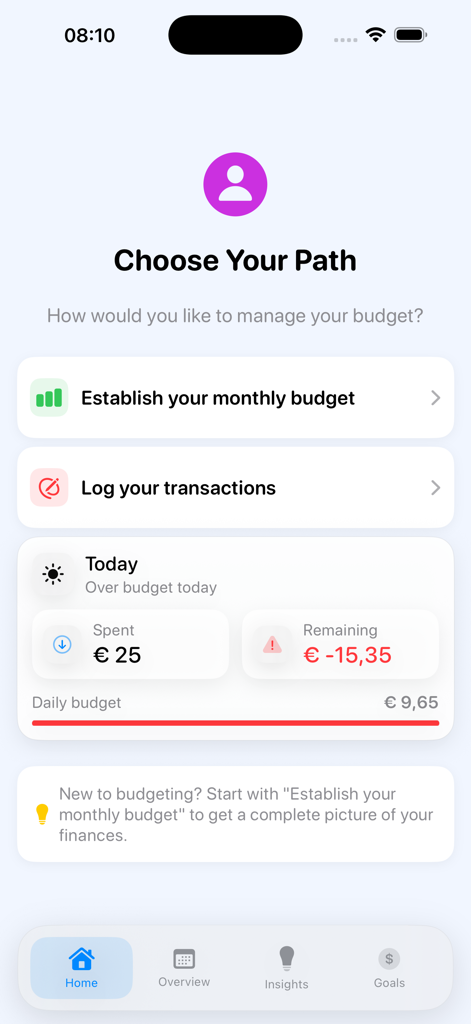 WealthRise app interface showing the home screen with options to establish a monthly budget, log transactions, and a summary of daily spending.