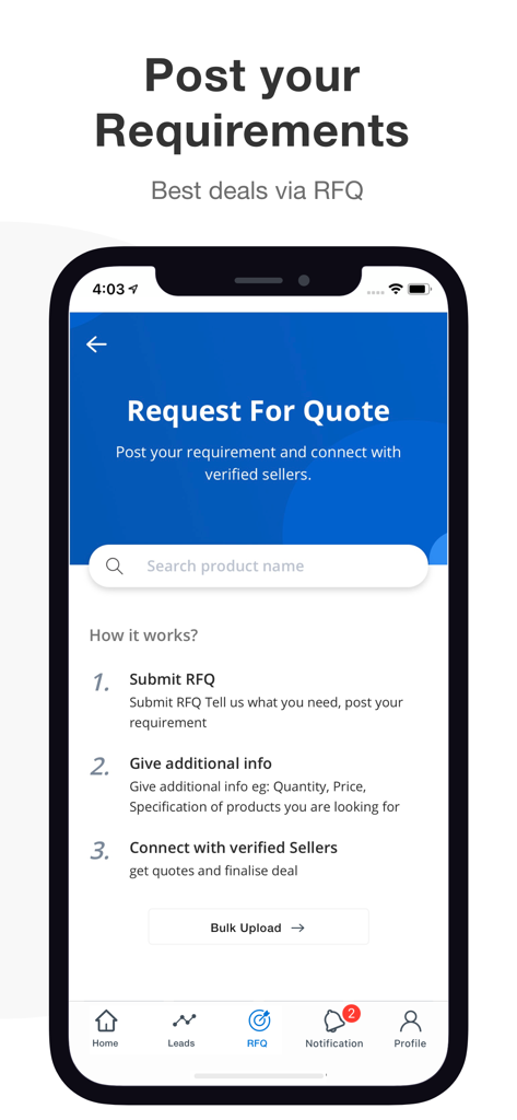 JdMart - B2B Marketplace - The Request For Quote screen on JdMart B2B app outlining how to submit requirements and connect with verified sellers.