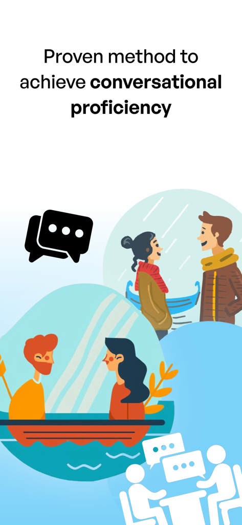 Polyglot: Learn New Languages - Gráfico mostrando pessoas se comunicando com o texto Método comprovado para atingir proficiência conversacional
