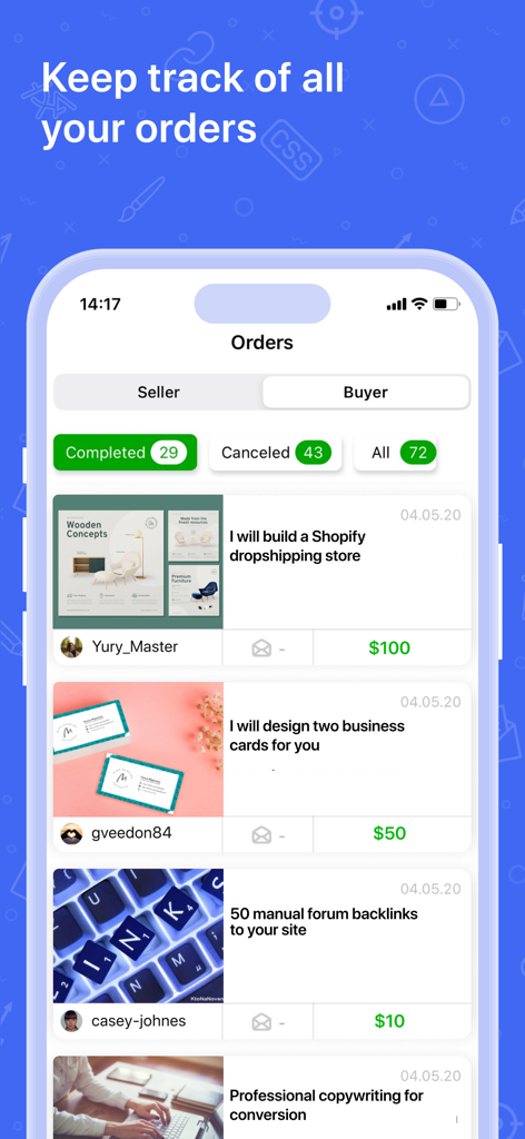 A mobile interface of the Kwork app displaying a list of freelance service orders with their status and prices.