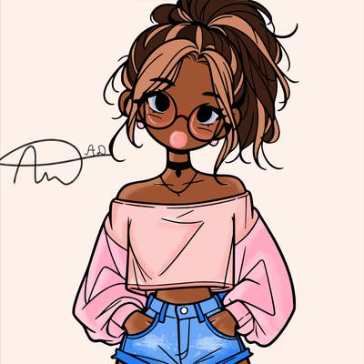 girl with a messy ponytail glasses a baggy crop top and jean shorts