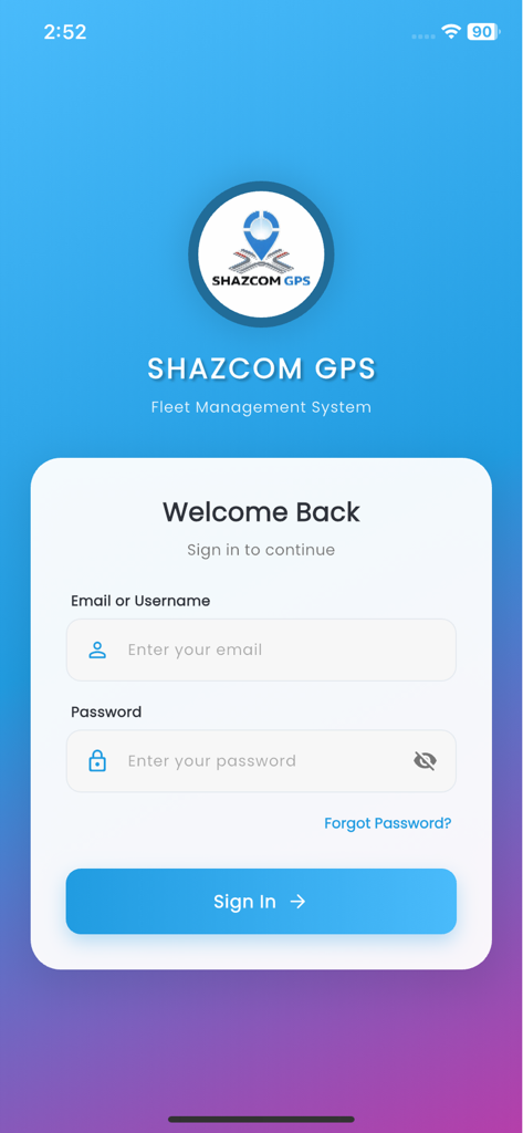 Shazcom Fiji - Pantalla de inicio de sesión del sistema de gestión de flotas GPS Shazcom que muestra campos de nombre de usuario y contraseña