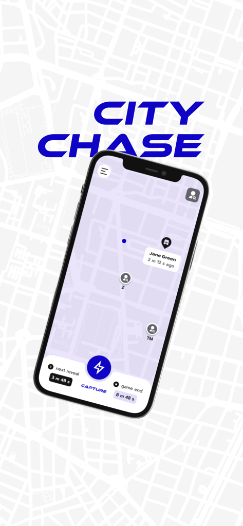 City Chase Game - Smartphone mostrando el mapa del juego City Chase con iconos de jugadores y temporizadores del juego