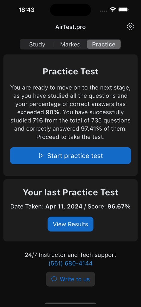 AirTest Pro - AirTest Pro mobile app screen showing pilot practice test preparation results and study progress