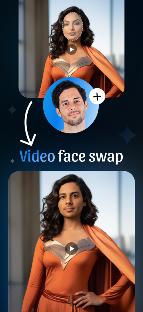 A demonstration of the video face swap feature showing a man's face being applied to a female superhero character
