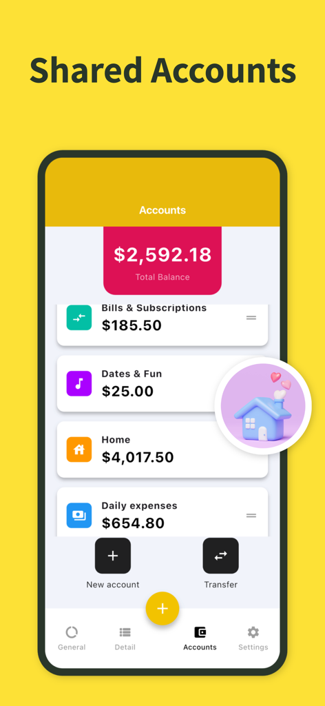 Fluxi: Expense Tracker - Capture d'écran de l'application Fluxi affichant les comptes partagés pour les factures, la maison et les dépenses sociales avec le solde total.