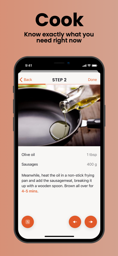 Cook: Cooklang recipe app - Smartphone screen displaying a cooking step with ingredients and instructions in the Cook app.