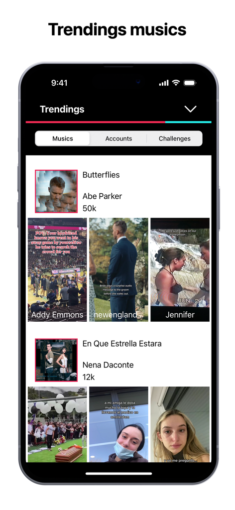 TikWidgets app interface showing a list of trending music for TikTok creators