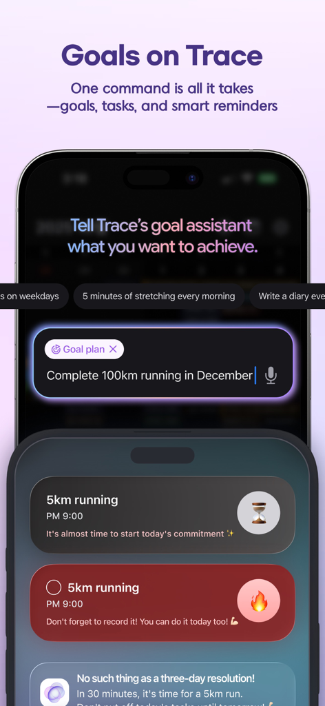 Calendrier et planificateur IA Trace montrant la fonction d'assistant d'objectifs et des rappels de tâches intelligents sur un iPhone.