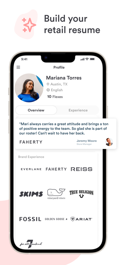 Reflex app user profile showing retail brand experience and manager testimonial