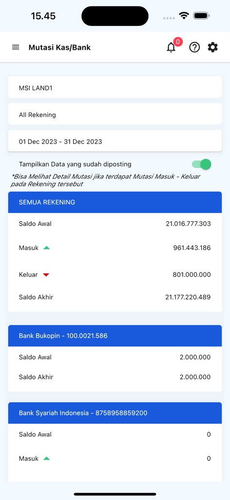 Porta Pro - Tela do aplicativo Porta Pro exibindo resumos de mutação de caixa e banco para projetos imobiliários