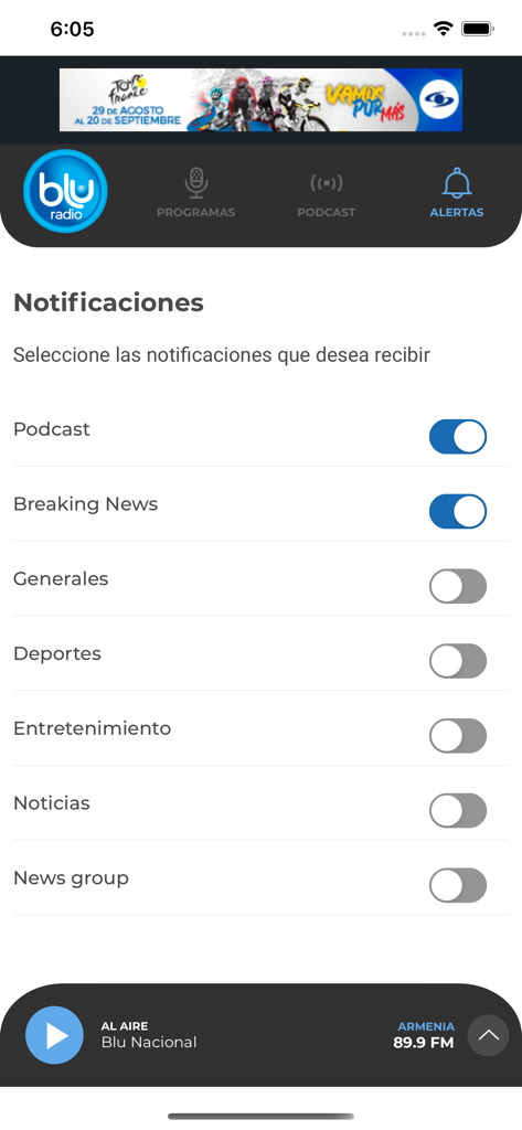 BLU Radio - Tela de configurações de notificação no aplicativo móvel BLU Radio mostrando botões de alternância para diferentes categorias de alerta, como podcast e notícias de última hora.
