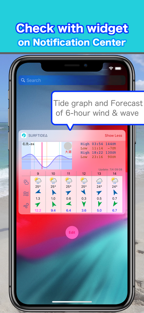 Tide and Weather - SurfTideΔ - SurfTide app widget on iOS Notification Center showing a tide graph and hourly wind and wave forecast