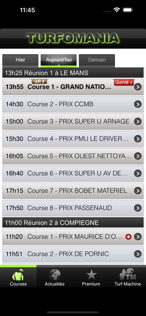 Turfomania - Turf et pronostic - Interface de l'application Turfomania affichant le programme des courses hippiques du jour pour Le Mans et Compiègne