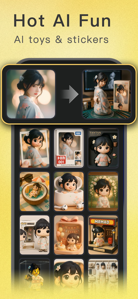 Phototells: AI ID & Headshot - Pantalla de la aplicación Phototells que muestra la transformación IA de un retrato en diversos estilos de juguetes y figurillas.