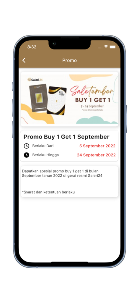 Gold Galeri24 - Promotion page in the Gold Galeri24 app showing a Buy 1 Get 1 offer on gold products