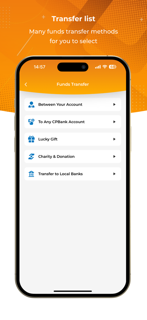 CPBank Mobile Banking app screen showing funds transfer options