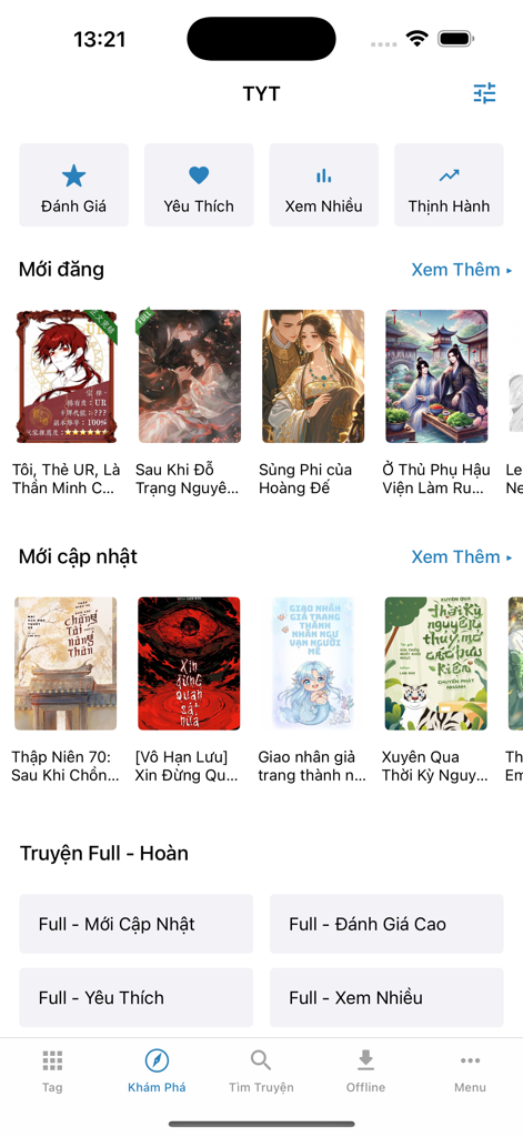 A mobile app screen showing categories and covers for various Vietnamese novels and stories