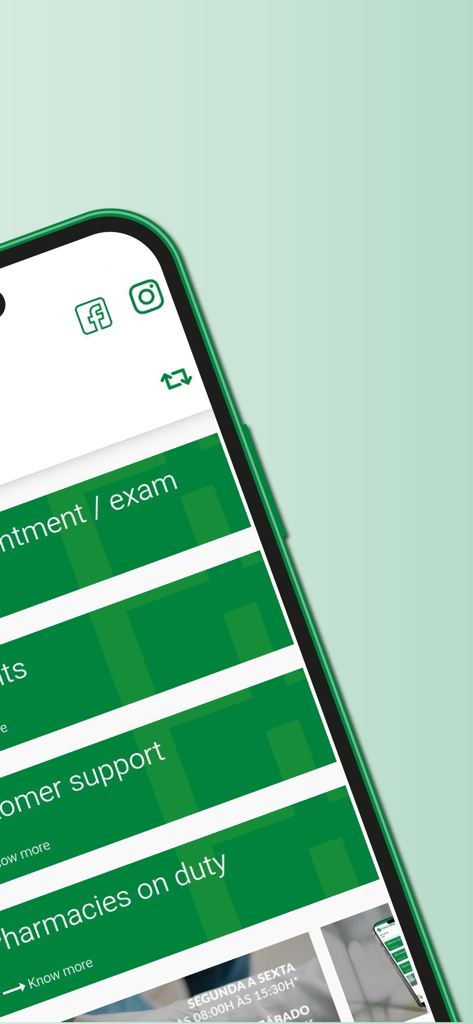 Cruz Verde - Cruz Verde mobile app interface displaying a menu with options for appointments, exam results, customer support, and pharmacies on duty.