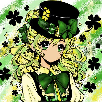 a manga-style girl with clovers around her, a little hat in her hair, like it's saint patrick's day