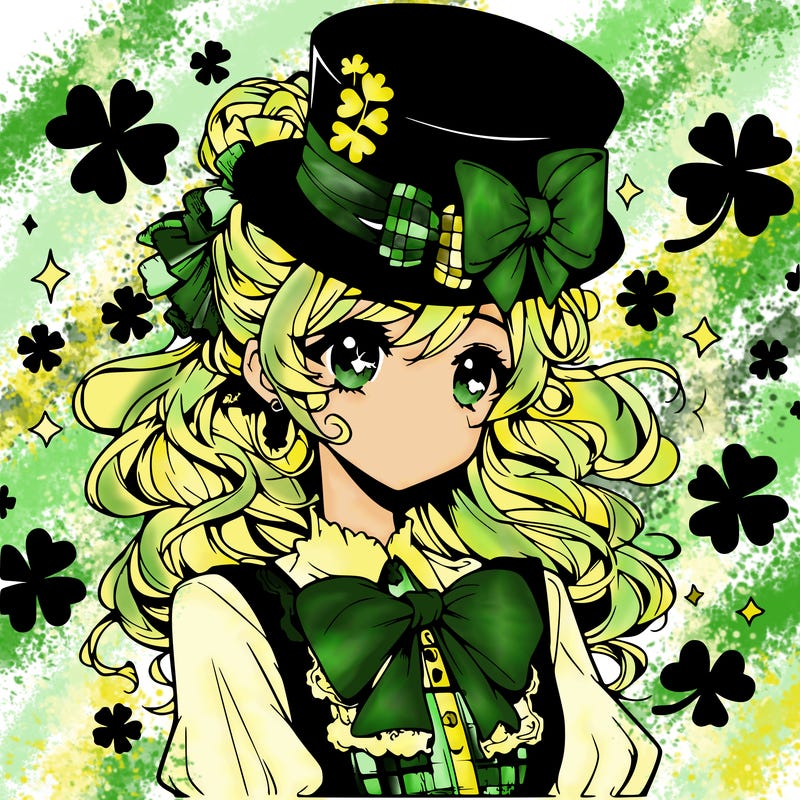 a manga-style girl with clovers around her, a little hat in her hair, like it's saint patrick's day