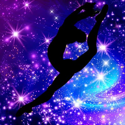 gymnast doing a leap in a leotard with a bent back leg