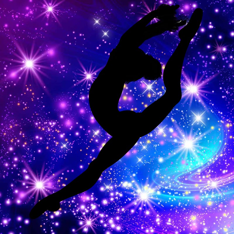 gymnast doing a leap in a leotard with a bent back leg