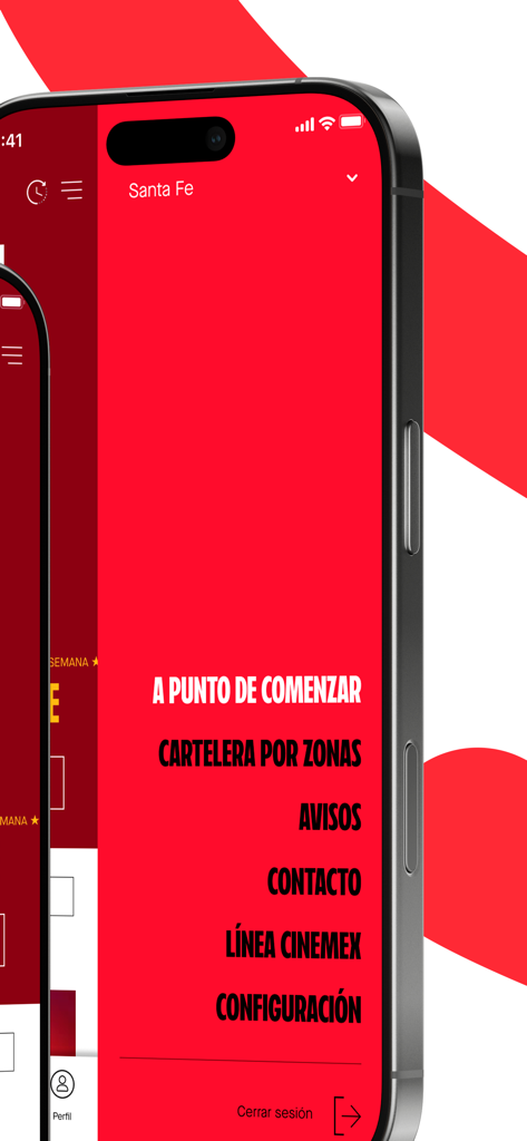 El menú de navegación de la aplicación móvil de Cinemex mostrando listados de películas y configuraciones en español.