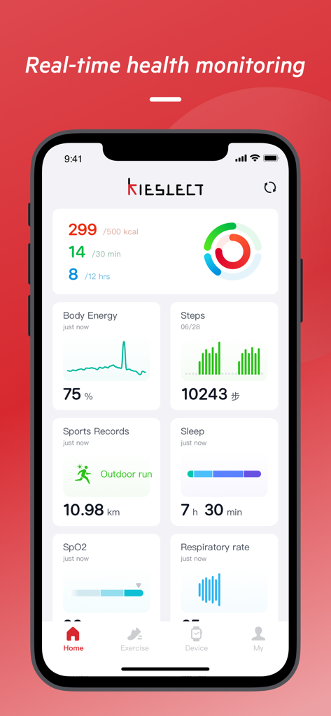 KS OS mobile app dashboard displaying real-time health monitoring data including steps, sleep, and activity levels