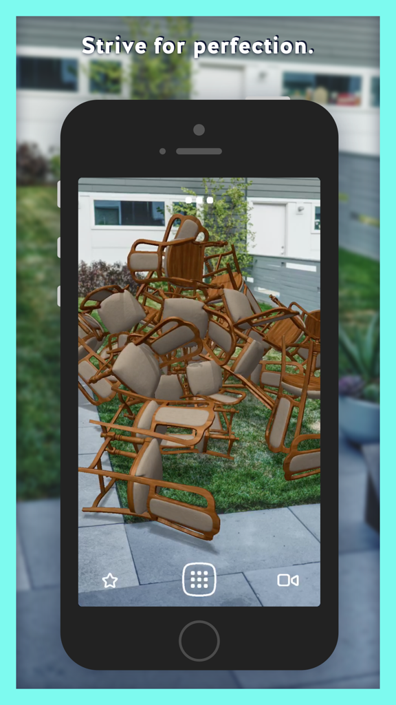 Housecraft - A smartphone displaying the Housecraft app with a pile of virtual wooden chairs stacked in a backyard using AR