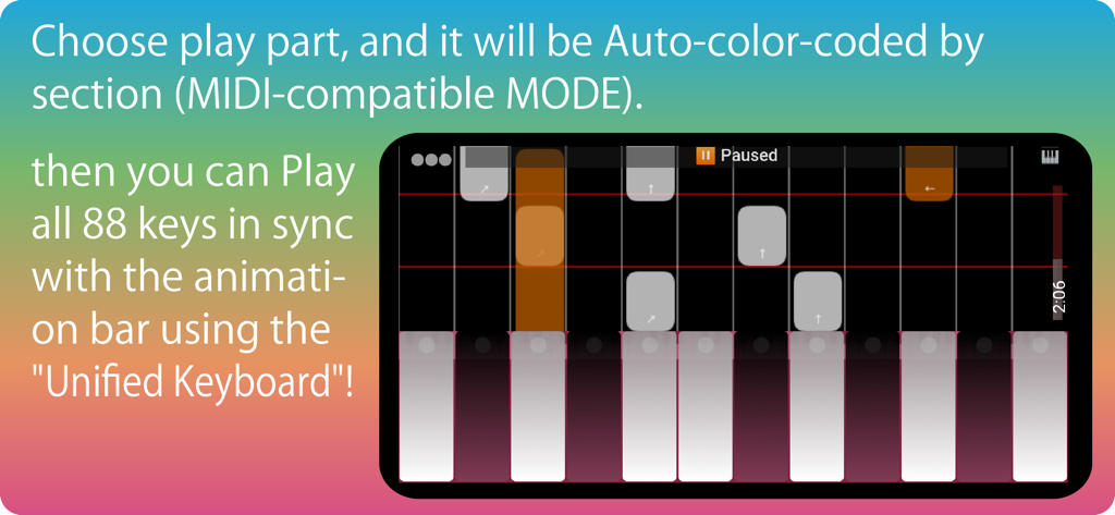 PianiCian - PianiCian app interface showing color coded falling notes in MIDI compatible mode
