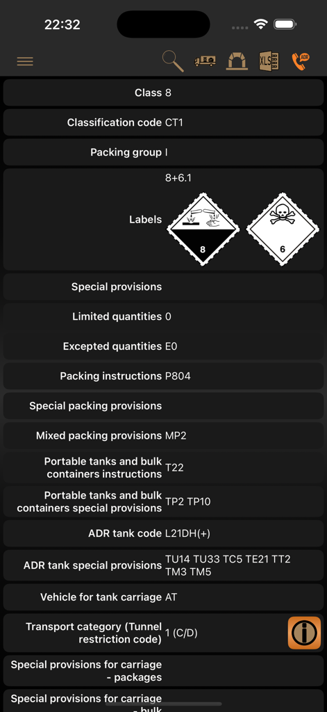 ADR Tool 2025 Dangerous Goods - ADR Tool 2025 app displaying dangerous goods classification and transport requirements